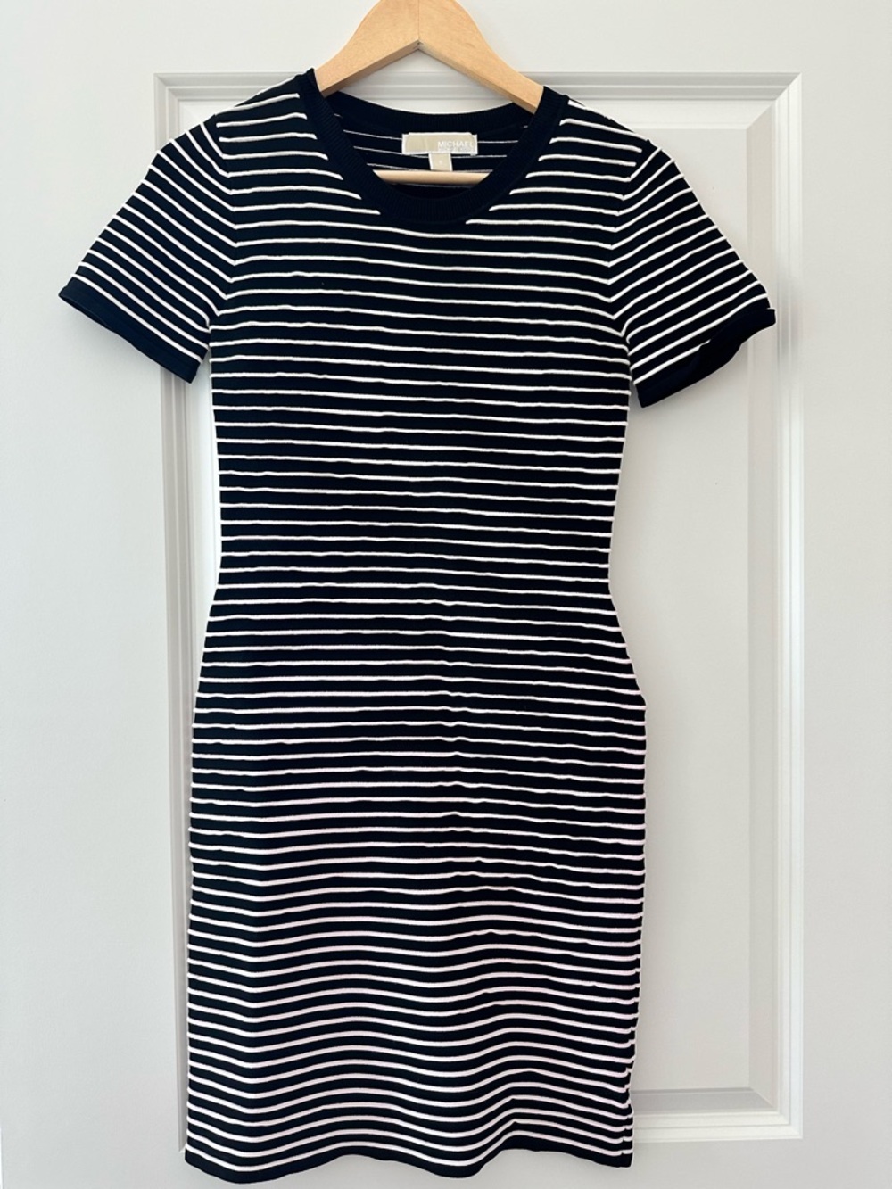 Michael Kors Black and White Striped Short-Sleeve Knit Mini Dress